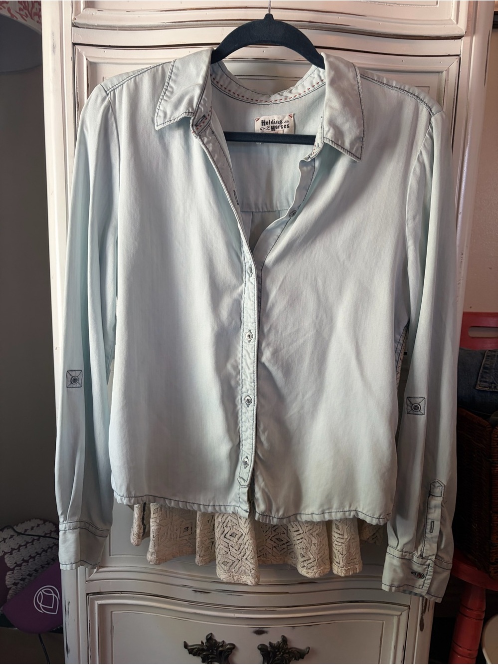 HOLDING HORSES by Anthropologie bought from Sundance Light Blue Denim Blouse EUC